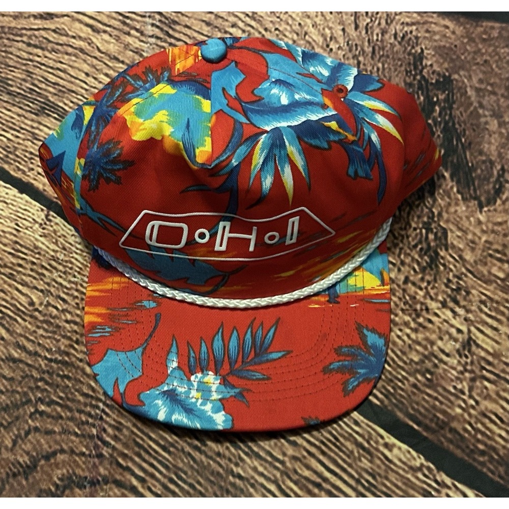 Vintage San Sun Hawaiian Print Rope Hat Red Strapback 80s 90s